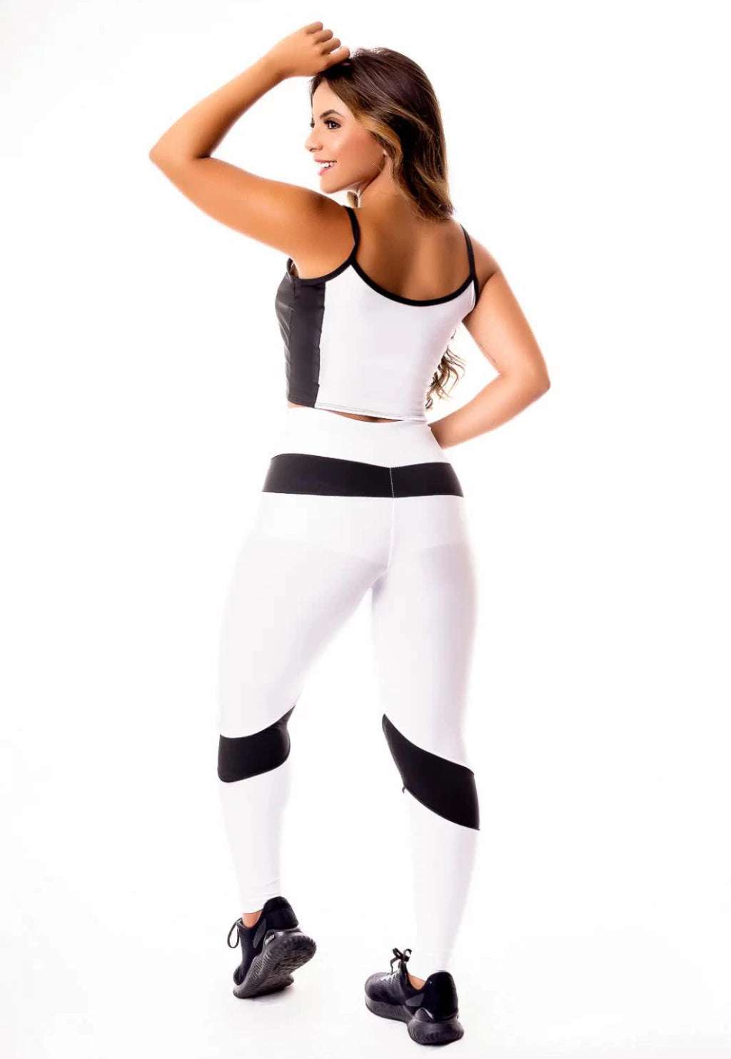 Feminino Calça Legging Branca com Preto Cintura Alta e Cropped Alcinha Academia Conjunto Fitness | REF: CSV25