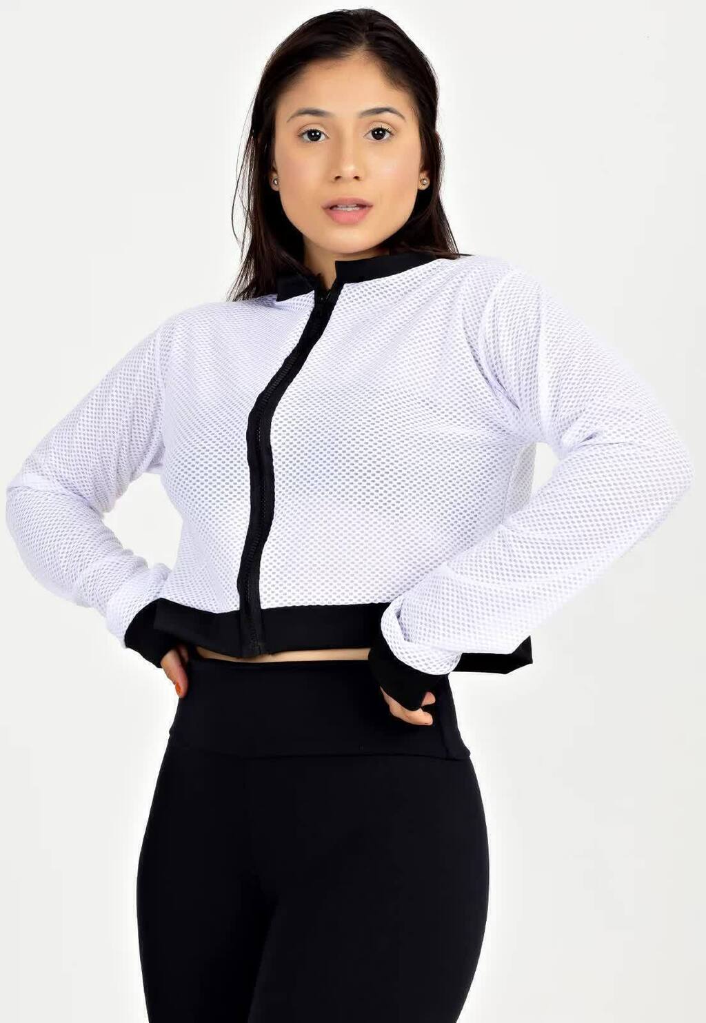 Casaco De Tela Com Ziper Branco Fitness | REF: MTF22