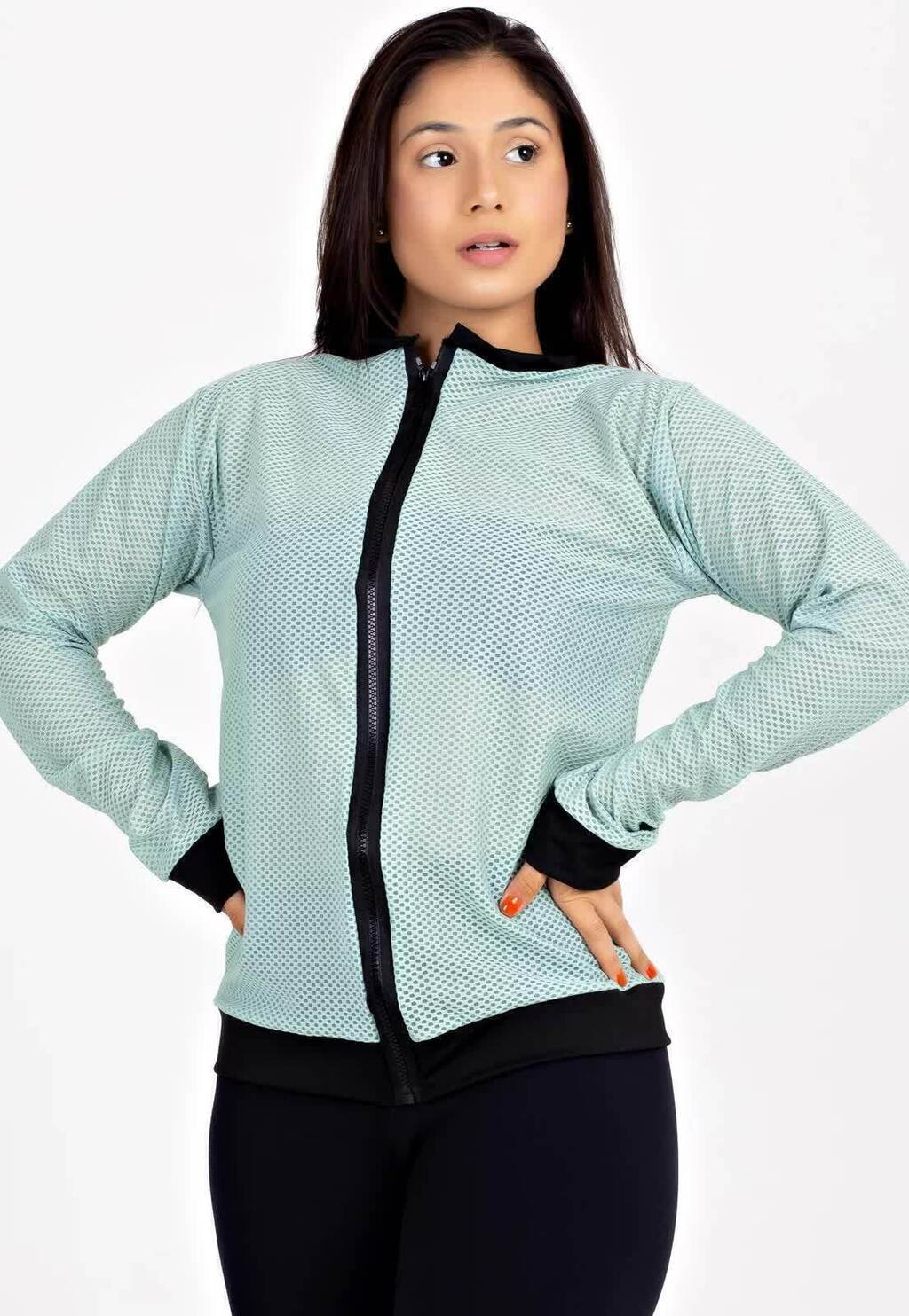 Casaco De Tela Com Ziper Verde Fitness Longo | REF: MTF23