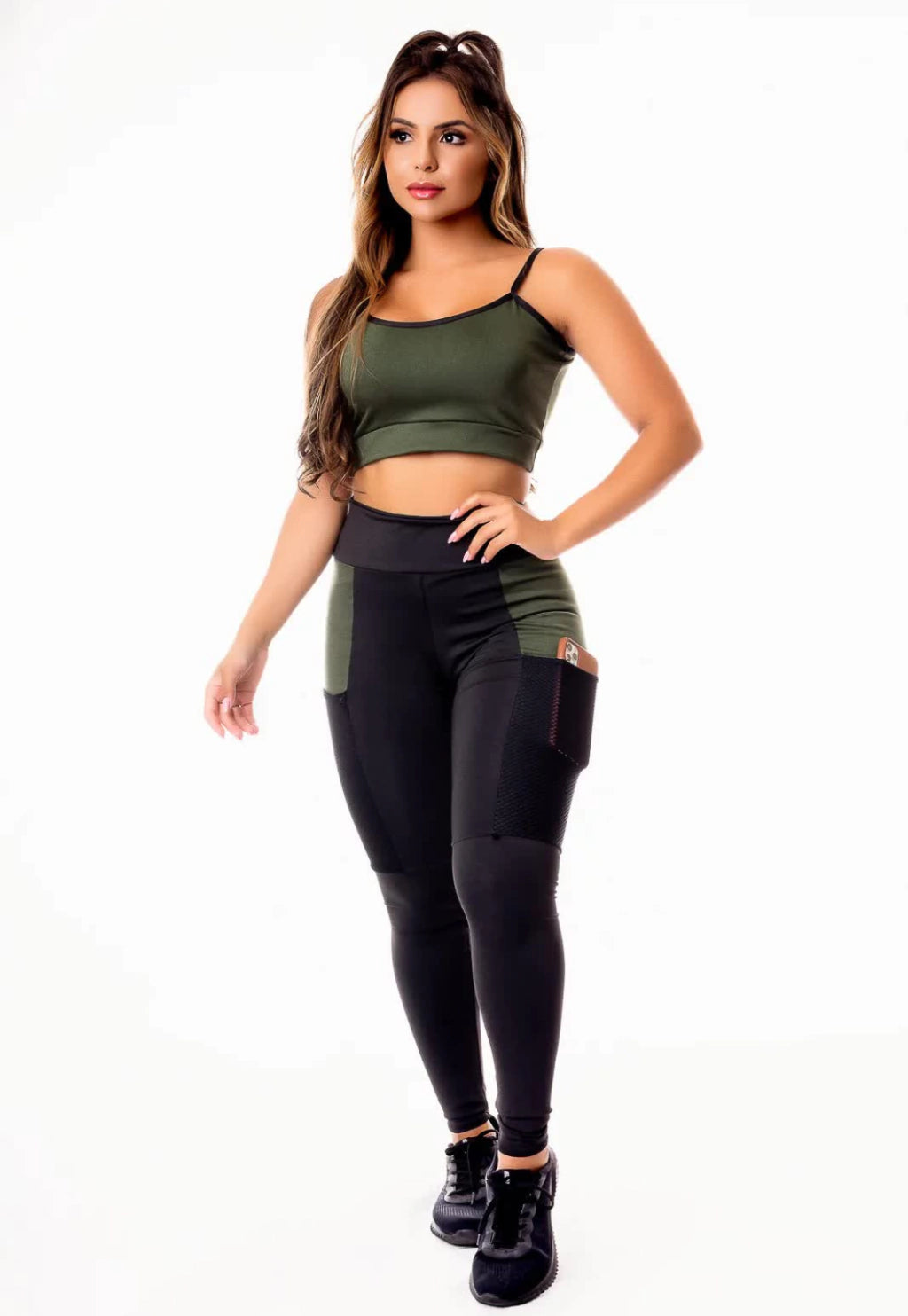 Calça Legging Preta com Verde Militar e Cropped Alcinha Conjunto Fitness | REF: CSV10