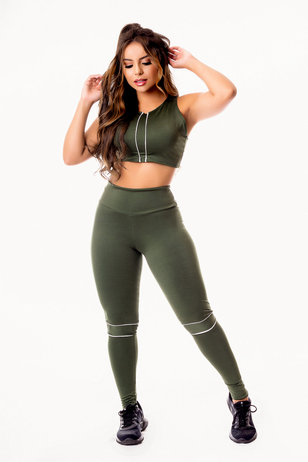 Conjuntinho Cropped + Legging Verde Militar cod:CSV2
