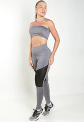 Calça Legging com Tela DryFit e Cropped Tomara que Caia Cinza Conjunto Fitness | REF: FRD2