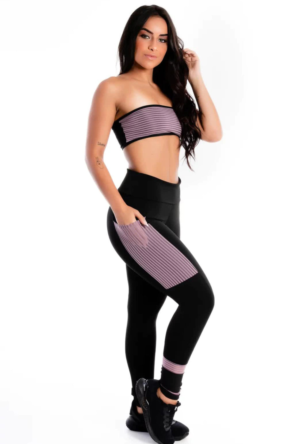 Conjunto Calça Legging Preta com Violeta e Bolso Conjunto Cropped | REF: LX267