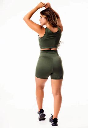 Short Cintura Alta e Cropped Regata Verde Militar Academia Conjunto Fitness Feminino | REF: CSV22