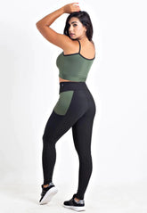 Calça Legging Preta com Verde Militar e Cropped Alcinha Conjunto Fitness | REF: CSV10