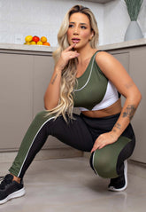 Conjunto Fitness Feminino Calça Legging Preta com Verde Militar e Vivo Branco Cintura Alta e Cropped Regata Academia | REF: CSV27