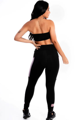 Conjunto Calça Legging Preta com Violeta e Bolso Conjunto Cropped | REF: LX267