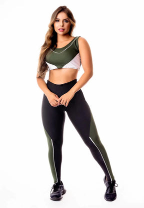 Conjunto Fitness Feminino Calça Legging Preta com Verde Militar e Vivo Branco Cintura Alta e Cropped Regata Academia | REF: CSV27