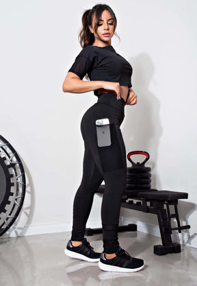 Conjunto Fitness Cropped Preto + Calça Legging com Bolso Tela | REF: LX81