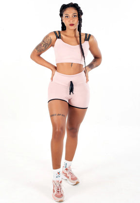 Short Cintura Alta com Cardaço Fake + Cropped Rose Alça Dupla Conjunto Fitness | REF: CCA7