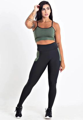 Calça Legging Preta com Verde Militar e Cropped Alcinha Conjunto Fitness | REF: CSV10