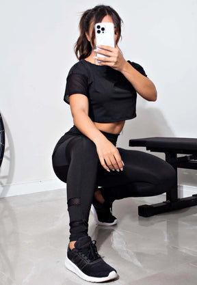 Conjunto Fitness Cropped Preto + Calça Legging com Bolso Tela | REF: LX81