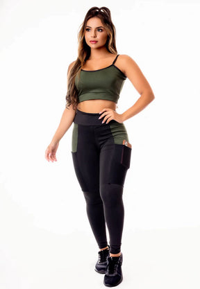 Calça Legging Preta com Verde Militar e Cropped Alcinha Conjunto Fitness | REF: CSV10