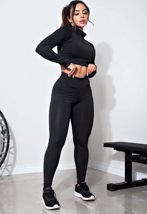 Fitness Cropped Manga Longa e Calça Legging Preto Conjunto Fitness | REF: LX103