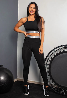 Calça Legging Cintura Alta + Cropped Alcinha Preto com Elásticos Conjunto Fitness | REF: CCA5