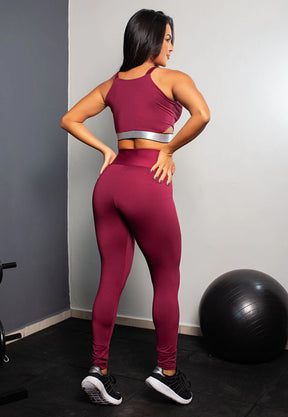 Conjunto Fitness Calça Legging Cintura Alta + Cropped Alcinha Marsala com Elásticos | REF: CCA5