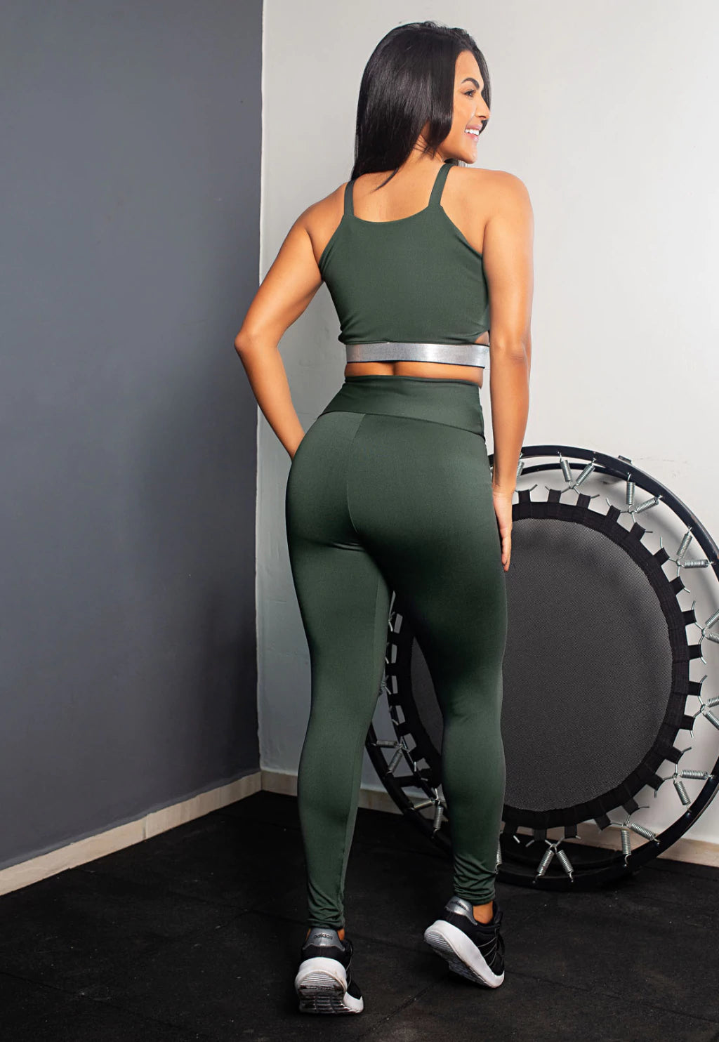 Calça Legging Cintura Alta + Cropped Alcinha Cinza Verde com Elásticos Conjunto Fitness | REF: CCA5